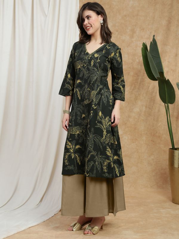 Globus Women Olive V-Neck Bell Sleeves Tropical Wildlife Print Thread Work A-Line Kurta