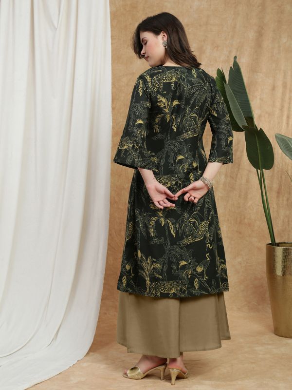 Globus Women Olive V-Neck Bell Sleeves Tropical Wildlife Print Thread Work A-Line Kurta