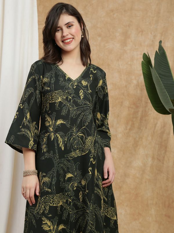 Globus Women Olive V-Neck Bell Sleeves Tropical Wildlife Print Thread Work A-Line Kurta