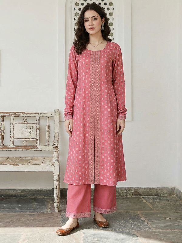 Globus Women Pink Round Neck Ethnic Floral Print Front Slit A-Line Flared Hem Kurta with Wide Leg Pants Set