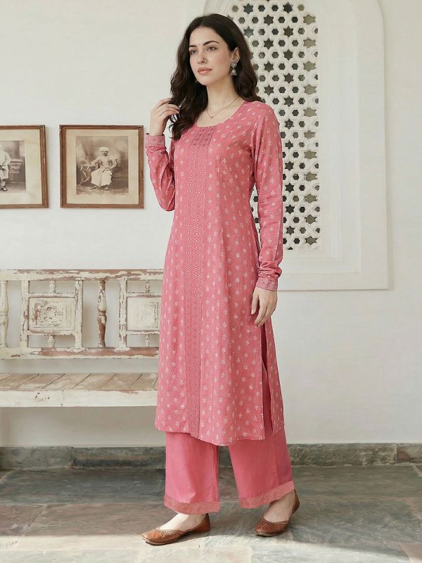 Globus Women Pink Round Neck Ethnic Floral Print Front Slit A-Line Flared Hem Kurta with Wide Leg Pants Set