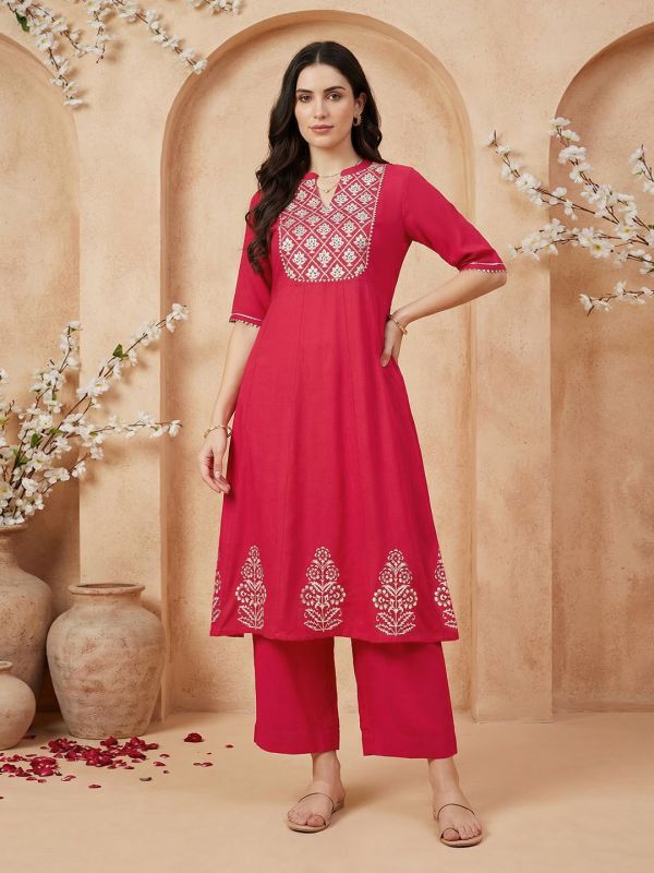 Globus Women Red Mandarin Collar Embroidered Yoke Mirror Work Gotta Patti A-Line Flared Hem Kurta with Wide Leg Pants Set