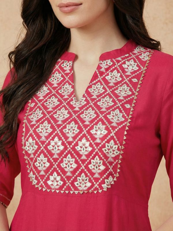 Globus Women Red Mandarin Collar Embroidered Yoke Mirror Work Gotta Patti A-Line Flared Hem Kurta with Wide Leg Pants Set