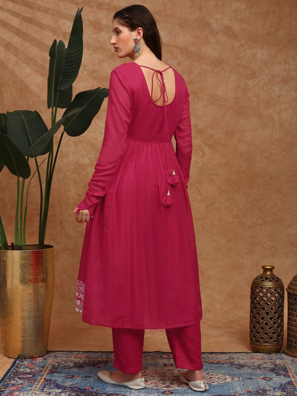 Globus Women Red Floral Embroidered Pleated High-Slit Pom Pom Hem A-Line Kurta & Pants Festive Set