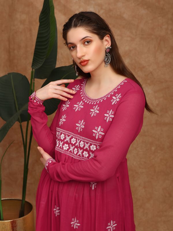 Globus Women Red Floral Embroidered Pleated High-Slit Pom Pom Hem A-Line Kurta & Pants Festive Set