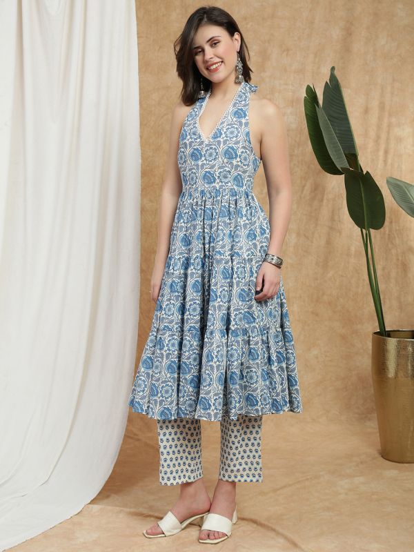 Globus Women Blue Allover Floral Print Tie-Back Halter Neck Lace Detail Pleated Flared Hem Kurta & Straight Pant Set