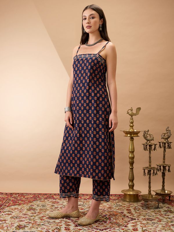 Globus Women Navy Blue Square Neck Strappy Shoulder Floral Print Gotta Lace Detail Straight Kurta With Pants Fusion Set