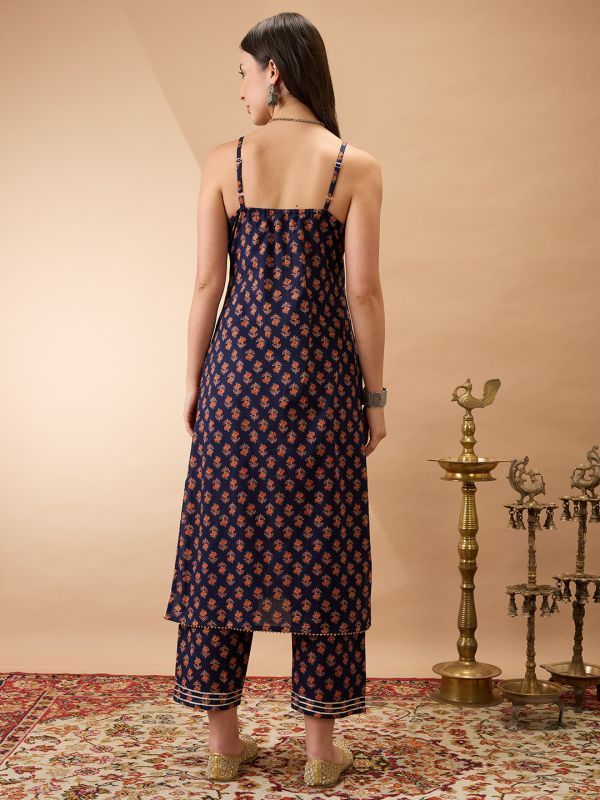 Globus Women Navy Blue Square Neck Strappy Shoulder Floral Print Gotta Lace Detail Straight Kurta With Pants Fusion Set