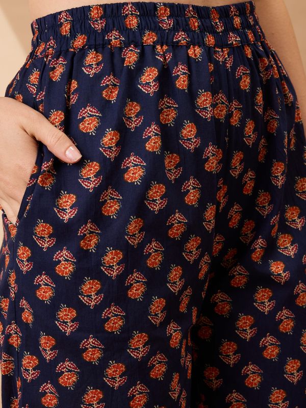 Globus Women Navy Blue Square Neck Strappy Shoulder Floral Print Gotta Lace Detail Straight Kurta With Pants Fusion Set