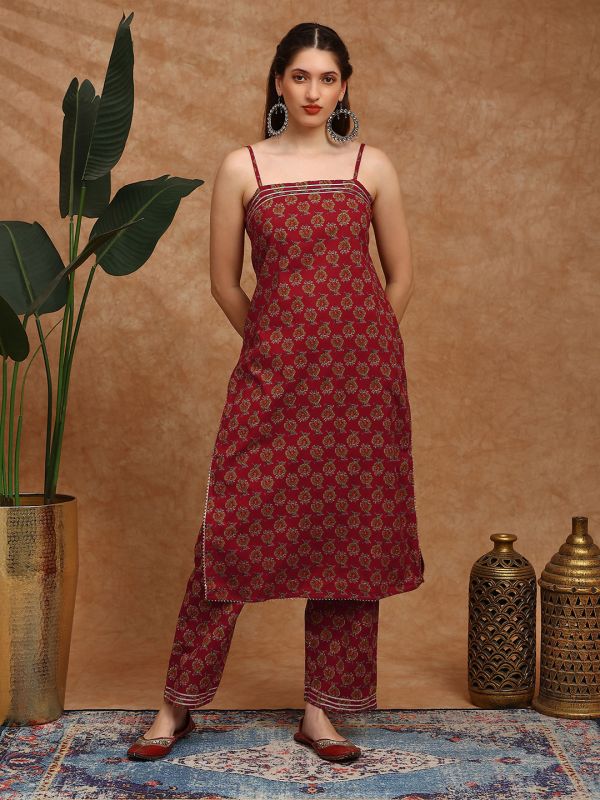Globus Women Maroon Square Neck Strappy Shoulder Floral Print Gotta Lace Straight Kurta With Wide Leg Pants Fusion Set