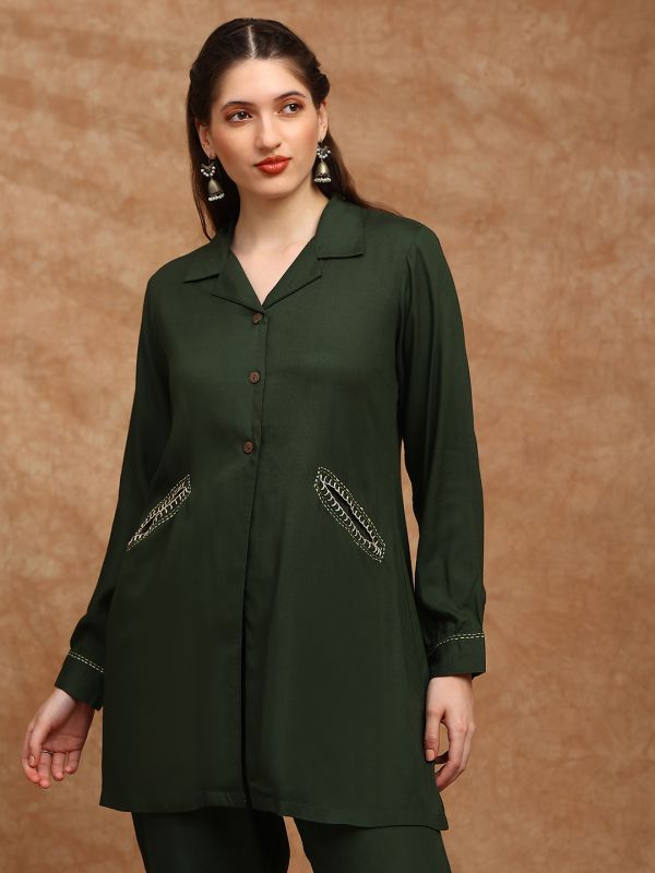 Globus Women Olive Cuban Collar Cuffed Sleeves Embroidered Detail Pockets Shirt Style Tunic & Trousers Co-Ord Set