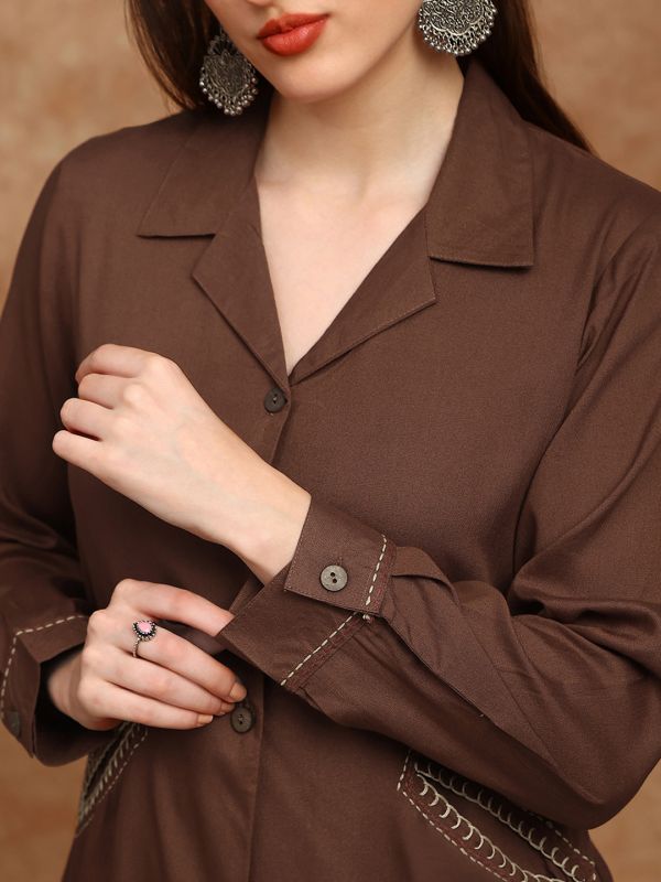 Globus Women Brown Cuban Collar Cuffed Sleeves Embroidered Detail Pockets Shirt Style Tunic & Trousers Co-Ord Set