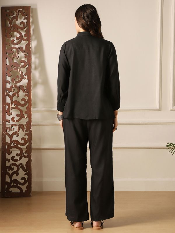 Globus Women Black Shirt Collar Bishop Sleeve Top & Trousers Co-Ord Set