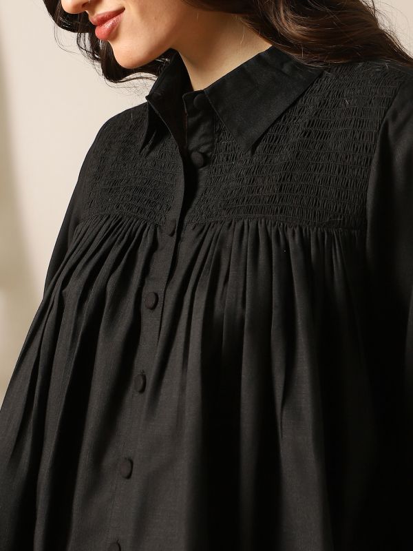 Globus Women Black Shirt Collar Bishop Sleeve Top & Trousers Co-Ord Set