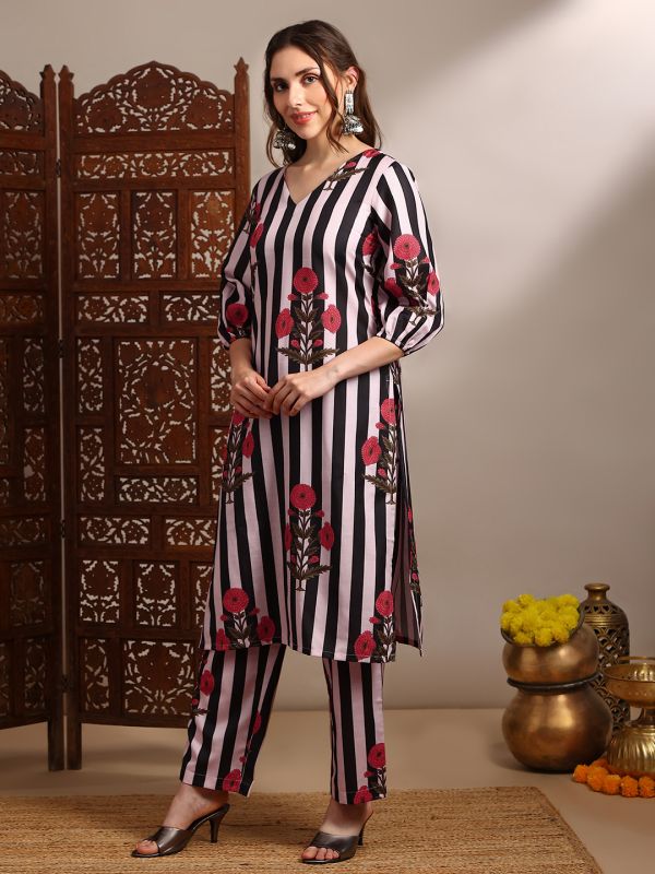 Globus Women Black V-Neck Bishop Sleeves Striped Floral Print Straight Kurta With Pants Set