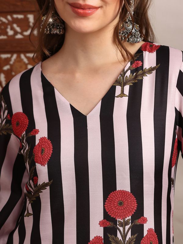 Globus Women Black V-Neck Bishop Sleeves Striped Floral Print Straight Kurta With Pants Set
