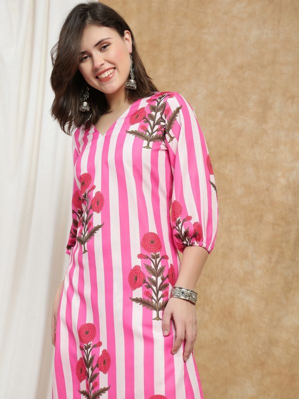 Globus Women Pink Floral Stripes Print Bishop Sleeves Straight Kurta & Pant Set