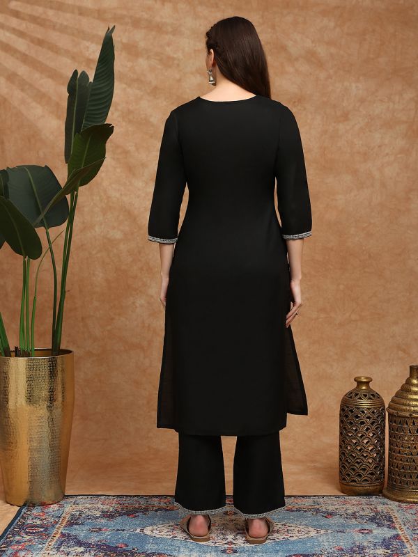 Globus Women Black V-Neck Floral Embroidered Straight Kurta With Wide Leg Pants Set