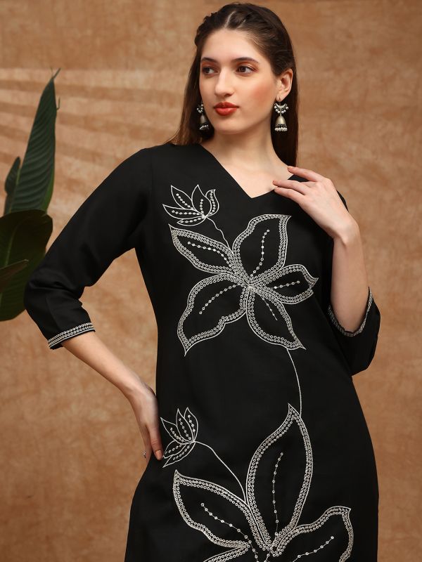 Globus Women Black V-Neck Floral Embroidered Straight Kurta With Wide Leg Pants Set
