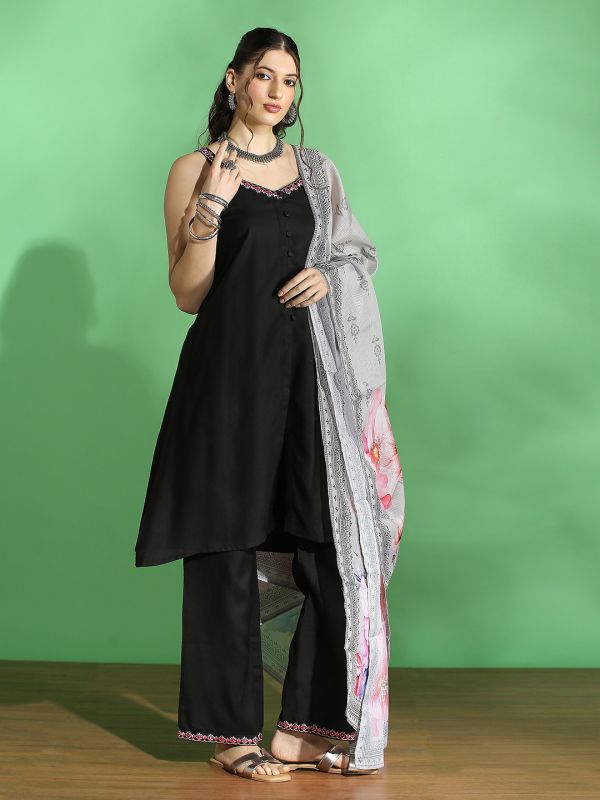 Globus Women Black Embroidered V-Neck Strappy Sleeves Front Slit Kurta With Pant & Floral Printed Dupatta Set