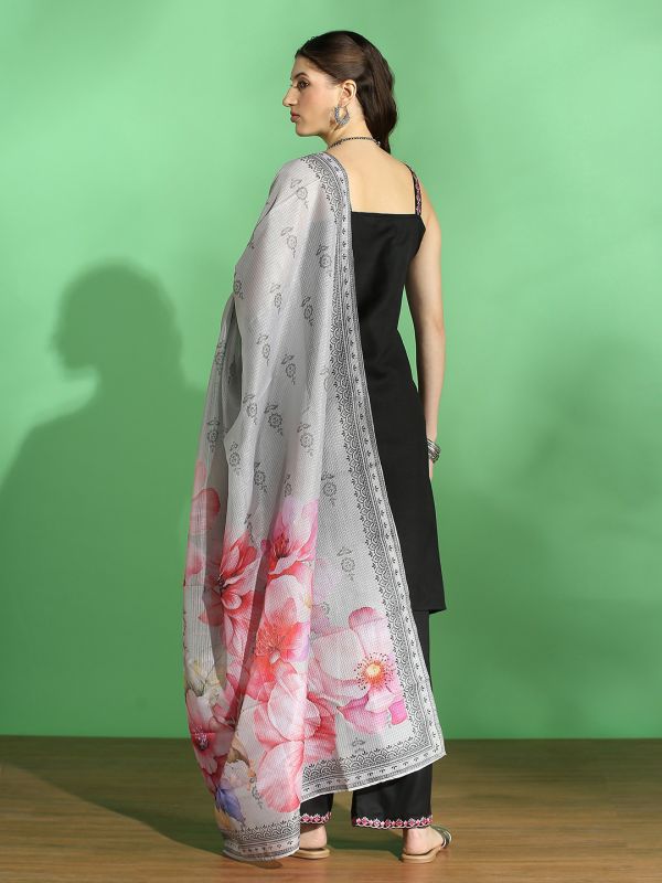 Globus Women Black Embroidered V-Neck Strappy Sleeves Front Slit Kurta With Pant & Floral Printed Dupatta Set