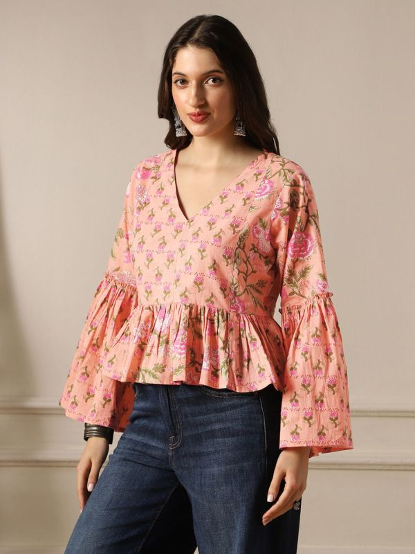 Globus Women Peach V-Neck Bell Sleeves Floral Print Panelled Peplum Tunic