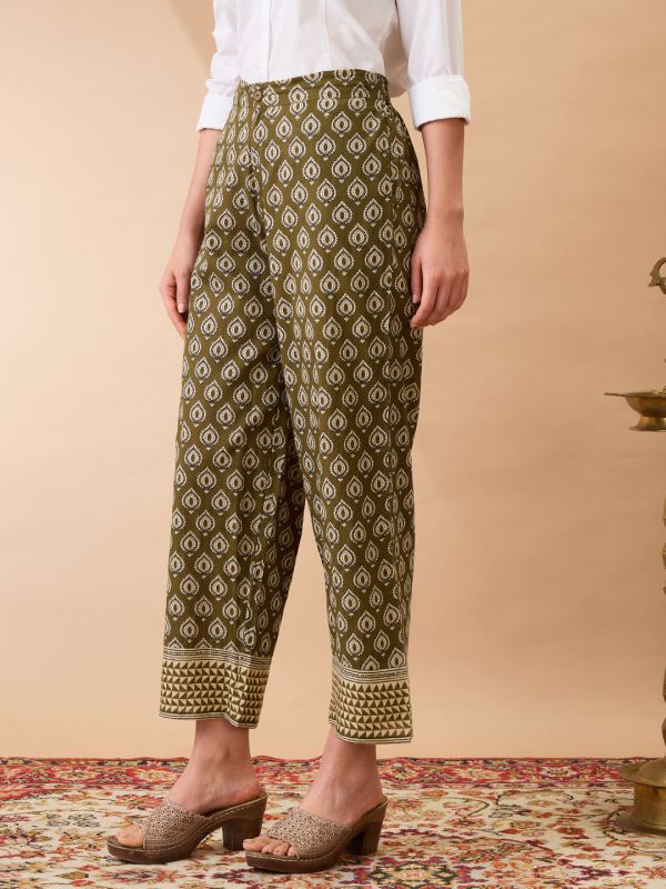 Globus Women Olive Ethnic Print Mid-Rise Straight Fit Fusion Trousers