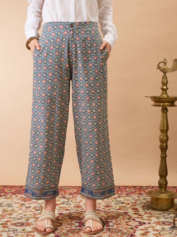 Globus Women Indigo Ethnic Print Mid-Rise Straight Fit Fusion Trousers