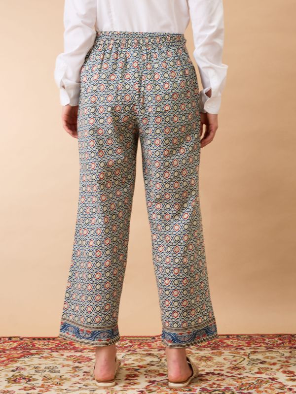 Globus Women Indigo Ethnic Print Mid-Rise Straight Fit Fusion Trousers