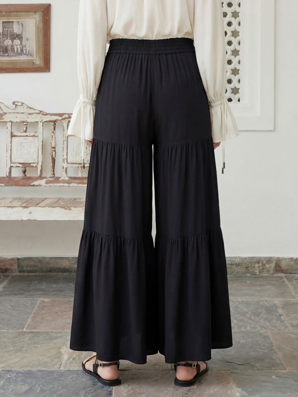 Globus Women Black Mid Rise Drawstring Waist Tiered Flared Hem Wide Leg Fusion Palazzos