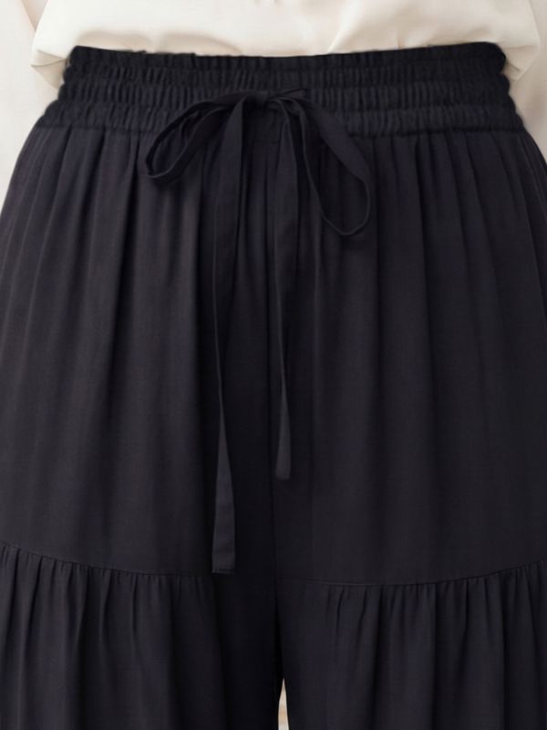 Globus Women Black Mid Rise Drawstring Waist Tiered Flared Hem Wide Leg Fusion Palazzos
