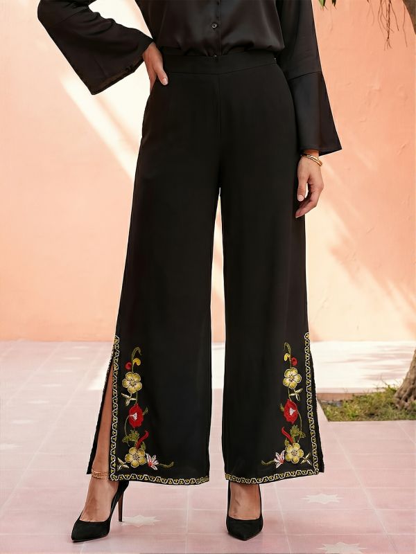 Globus Women Black Mid Rise Flared Embroidered Hem Side Slits Fusion Palazzos