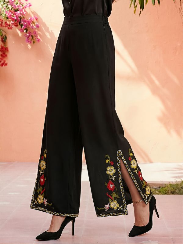 Globus Women Black Mid Rise Flared Embroidered Hem Side Slits Fusion Palazzos