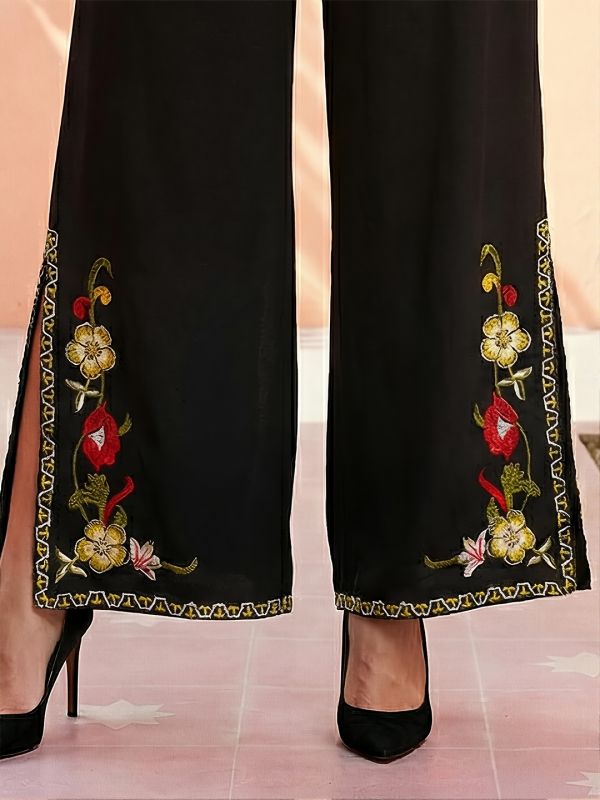 Globus Women Black Mid Rise Flared Embroidered Hem Side Slits Fusion Palazzos