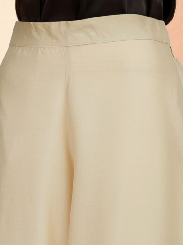 Globus Women Beige Mid Rise Flared Embroidered Hem Side Slits Fusion Palazzos