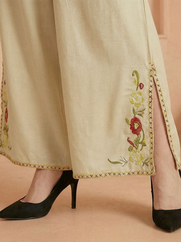 Globus Women Beige Mid Rise Flared Embroidered Hem Side Slits Fusion Palazzos