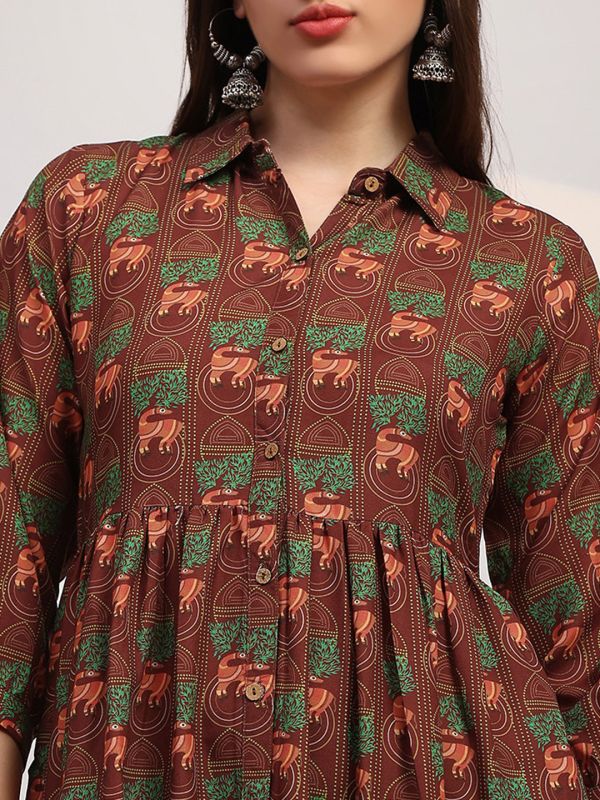 Globus Women Brown Collared Neck Tribal Print Bishop Sleeves Button Down Fit and Flare Tiered Midi Fusion Dress