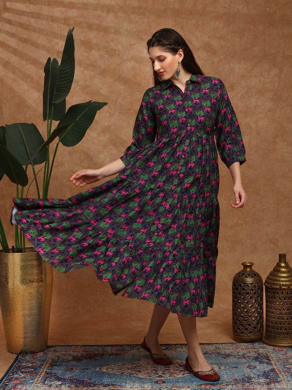 Globus Women Purple Collared Neck Tribal Print Bishop Sleeves Button Down Fit and Flare Tiered Midi Fusion Dress