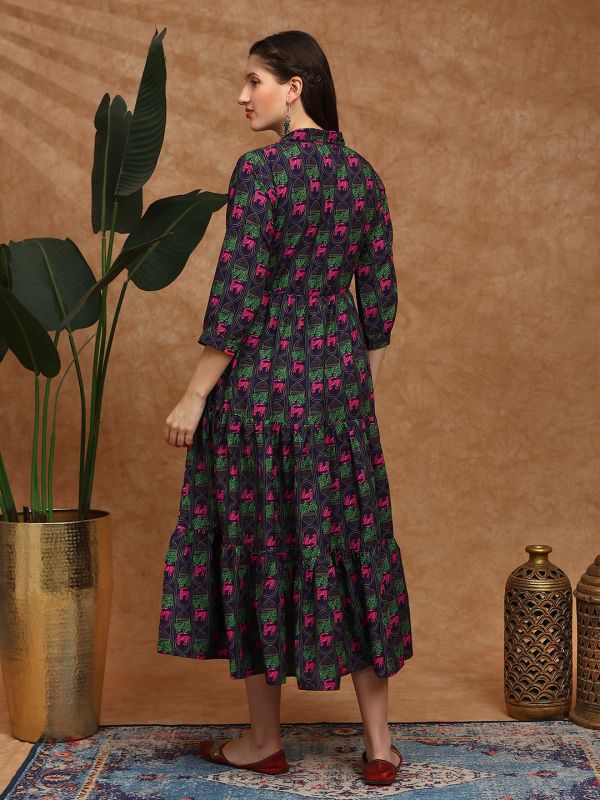 Globus Women Purple Collared Neck Tribal Print Bishop Sleeves Button Down Fit and Flare Tiered Midi Fusion Dress