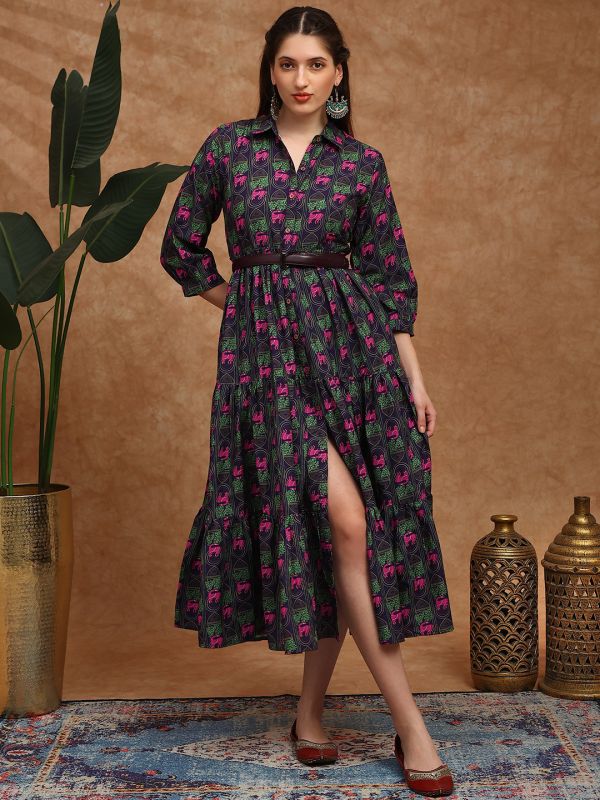 Globus Women Purple Collared Neck Tribal Print Bishop Sleeves Button Down Fit and Flare Tiered Midi Fusion Dress