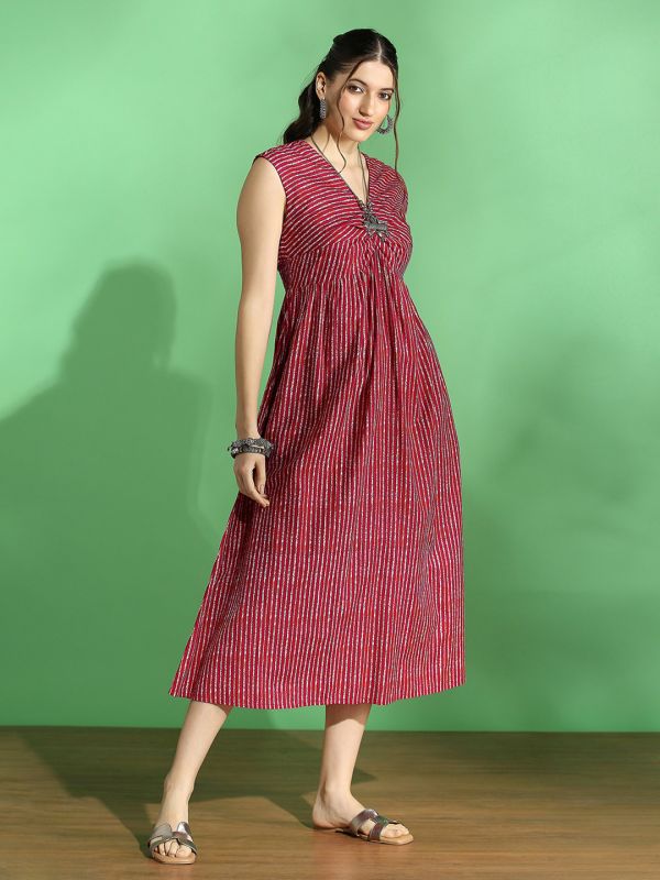 Globus Women Fuchsia Stripes Twisted V-Neck Extended Sleeves Pleated Fit & Flare Midi Fusion Dress