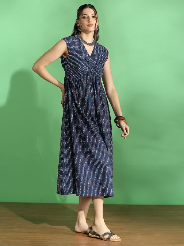 Globus Women Navy Blue Stripes Twisted V-Neck Extended Sleeves Pleated Fit & Flare Midi Fusion Dress