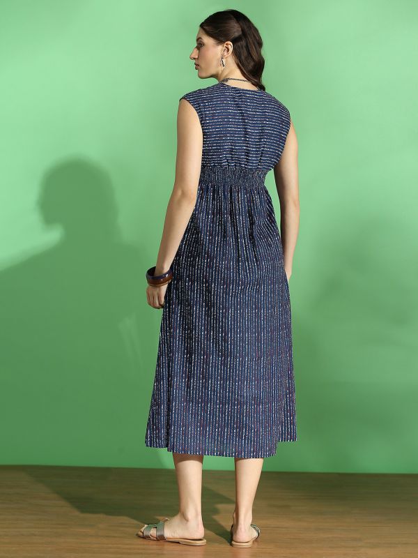 Globus Women Navy Blue Stripes Twisted V-Neck Extended Sleeves Pleated Fit & Flare Midi Fusion Dress