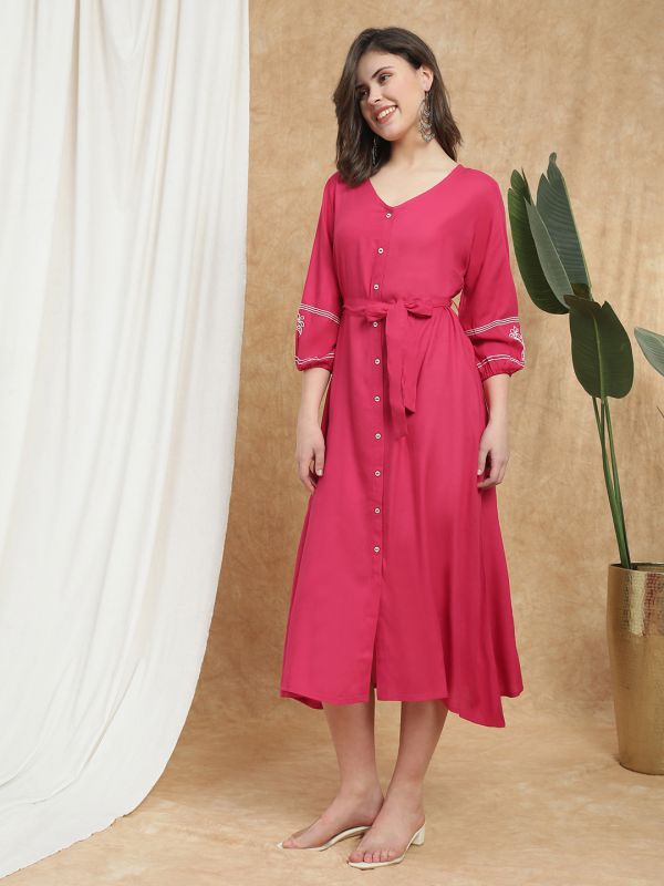 Globus Women Pink V-Neck Bishop Sleeves Embroidered Detail Waist Tie-Ups Button-Down A-Line Midi Fusion Dress