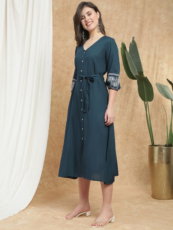 Globus Women Navy Blue V-Neck Bishop Sleeves Embroidered Detail Waist Tie-Ups Button-Down A-Line Midi Fusion Dress
