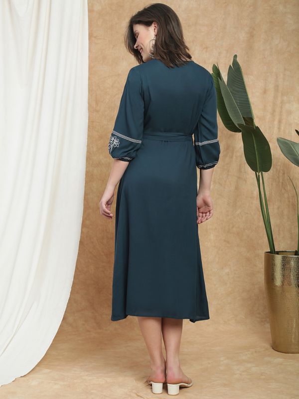 Globus Women Navy Blue V-Neck Bishop Sleeves Embroidered Detail Waist Tie-Ups Button-Down A-Line Midi Fusion Dress