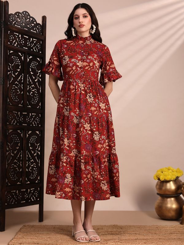 Globus Women Red High Neck Flounce Hem Sleeves Floral Print Tiered Midi A-Line Fusion Dress