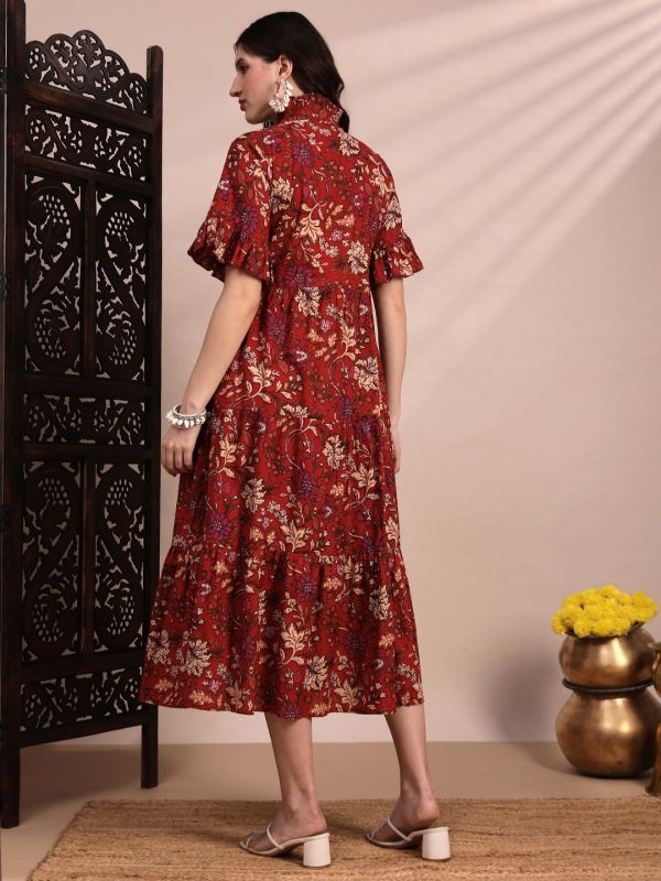 Globus Women Red High Neck Flounce Hem Sleeves Floral Print Tiered Midi A-Line Fusion Dress