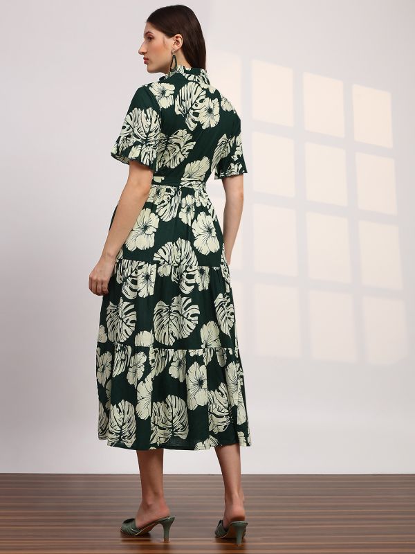 Globus Women Green Floral Print Mandarin Collar Ruffle Sleeve Waist Tie-Ups Fit and Flare Midi Fusion Dress