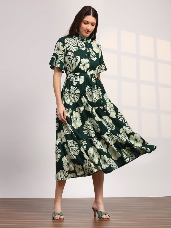 Globus Women Green Floral Print Mandarin Collar Ruffle Sleeve Waist Tie-Ups Fit and Flare Midi Fusion Dress